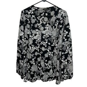 Lane Bryant‎ Floral Blouse 16 Plus Black Button Front Bold Feminine Chic